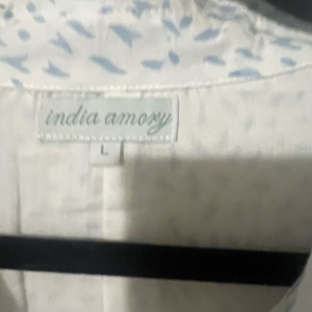 INDIA AMORY Julia SZ L White Blue Short Sleeve Shirt Dress Blue Print Flowy - Picture 6 of 8